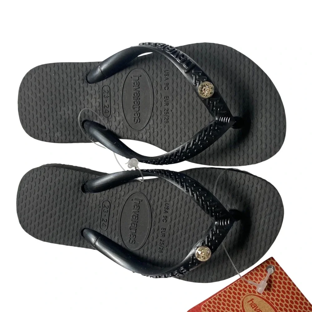 Havaianas Kids Black Rhinestone‎ Embellished Flip Flop Sandals USA 9C EUR 25/26